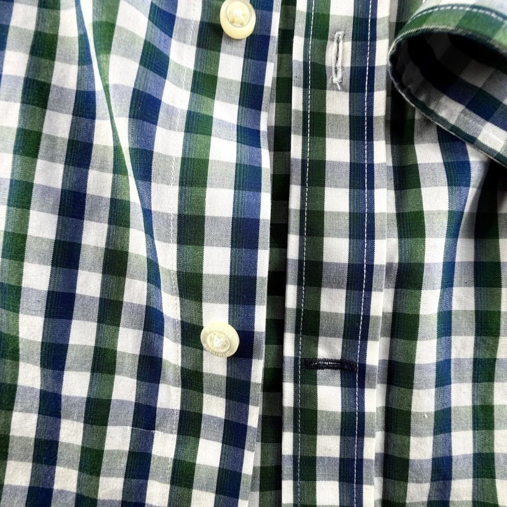 Banana Republic Mens L Green Navy Gingham Non-Iron Tailored Slim Fit Shirt